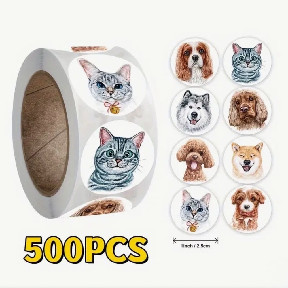 Roll of 500pcs of Cartoon Cat & Dog 1” Decorative Self-Adhesive Stickers